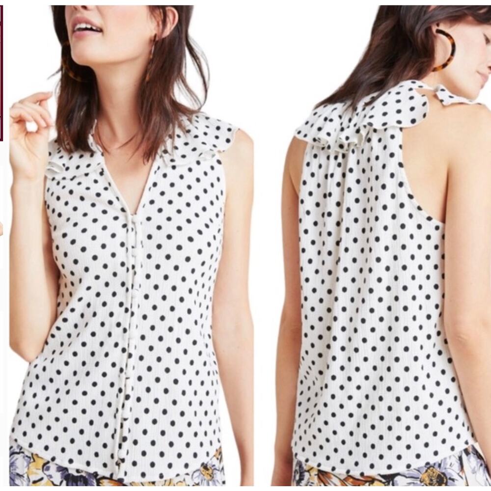 Anthropologie Womens M White Black Polka Dot Ruffle Halter Collared Blouse Top